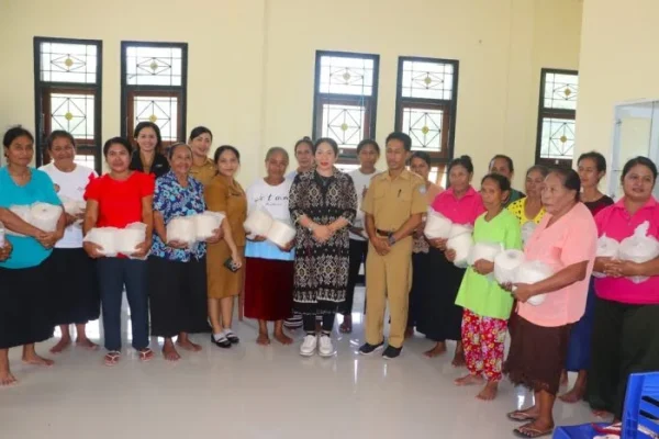 Anggota IKM Tenun Ikat bersama Ketua Dekranasda Kabupaten Rote Ndao Yanne Henuk – Pellokila usai penyerahan bantuan Benang.
