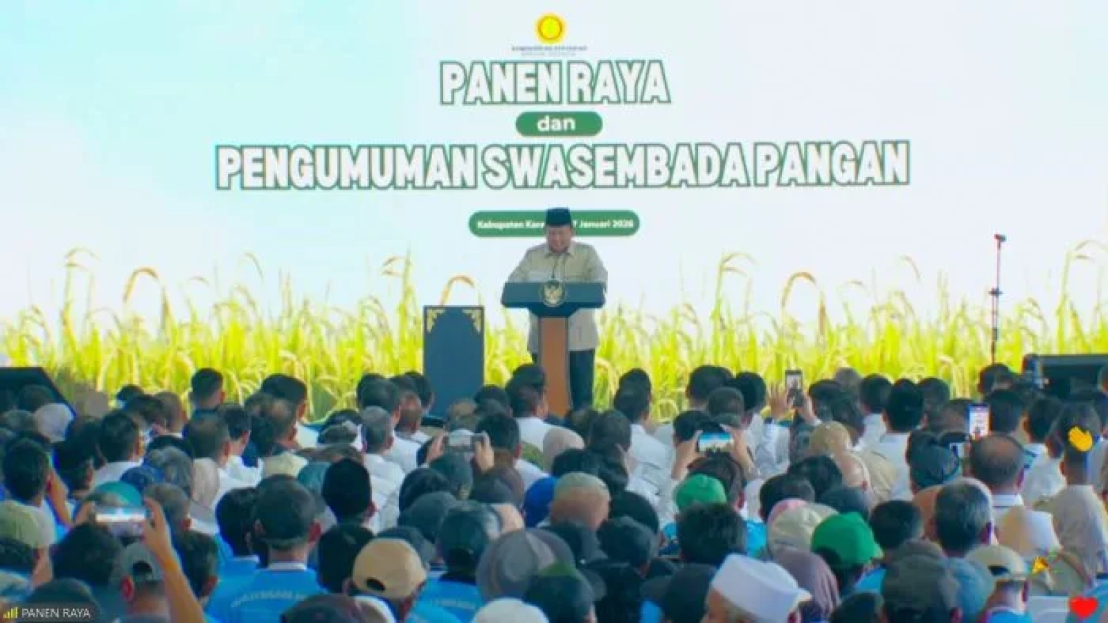 Swasembada Pangan : Presiden Republik Indonesia Prabowo Subianto, mengumumkan keberhasilan Indonesia mencapai swasembada pangan nasional dalam kegiatan Panen Raya dan Pengumuman Swasembada Pangan yang digelar pada Rabu (7/1/2026).